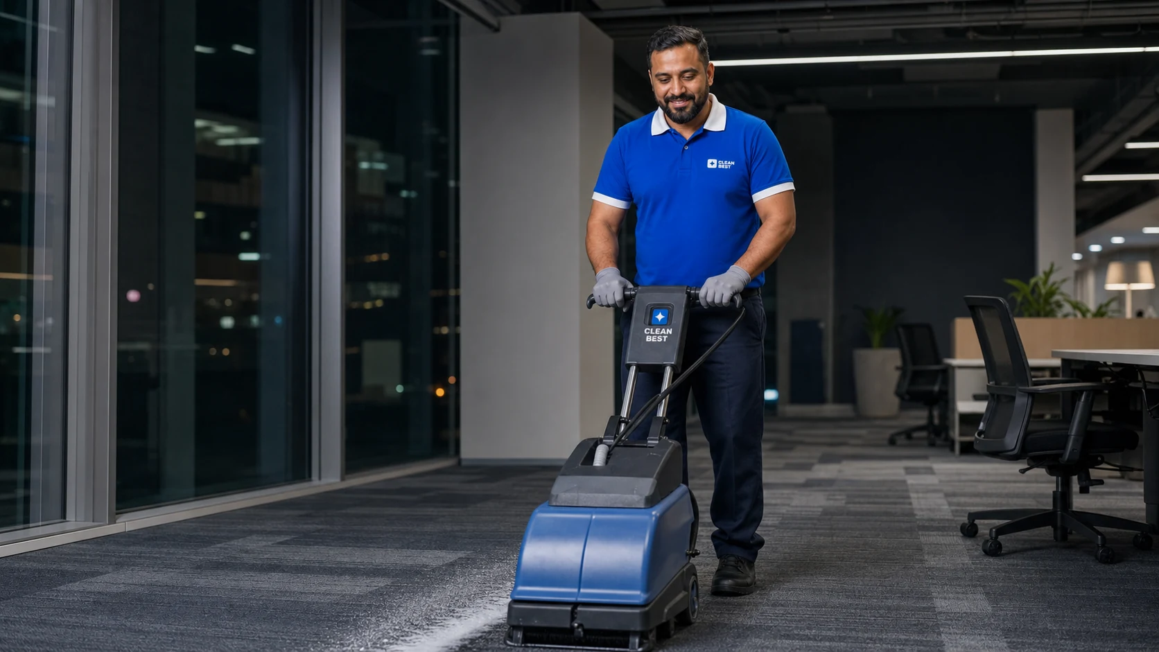Clean Best technician extracting soil from commercial carpet on a Sydney office floor in NSW
