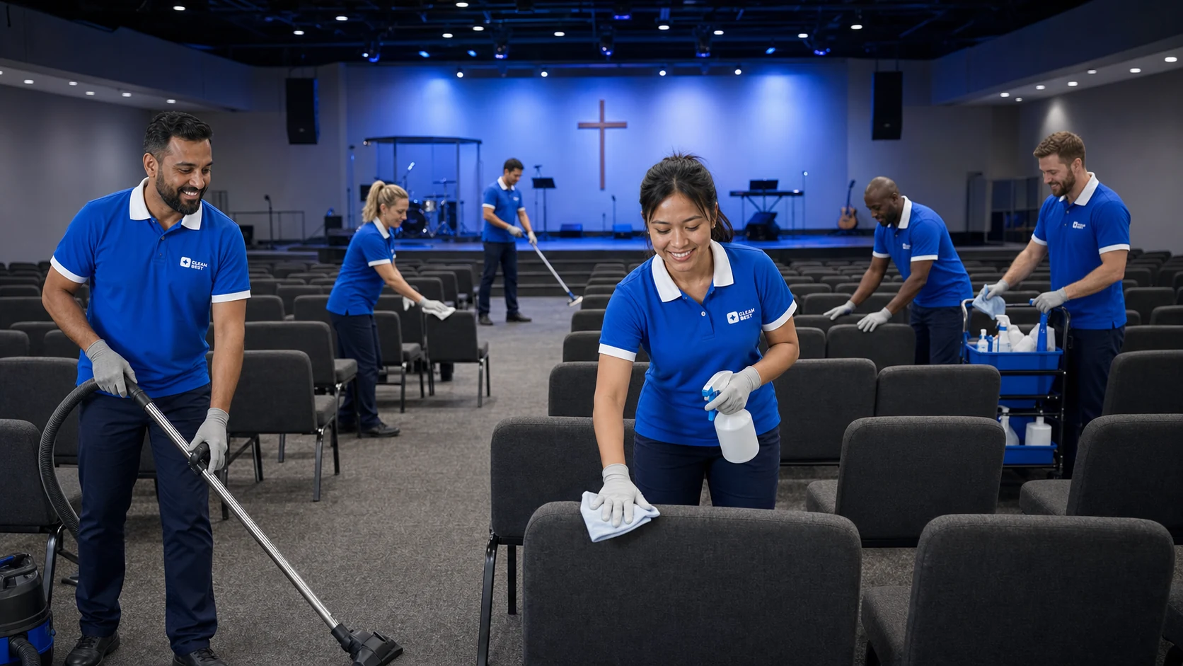 Clean Best operator polishing timber pews inside a Sydney church in NSW