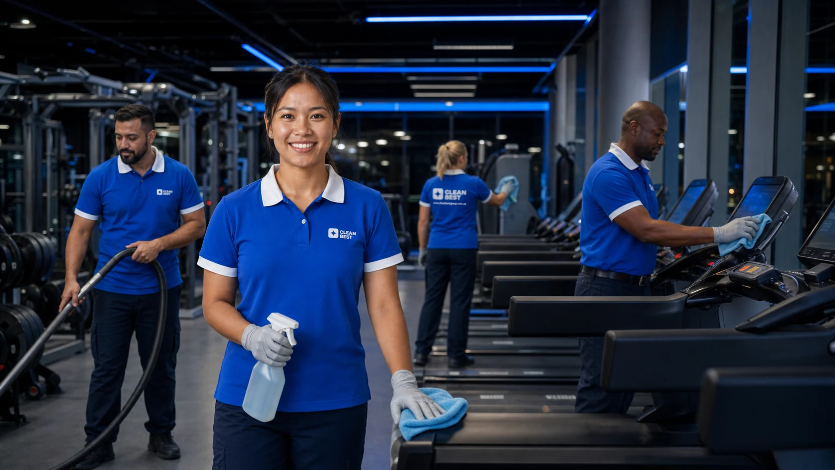 Clean Best operator sanitising strength equipment at a Sydney fitness club in NSW