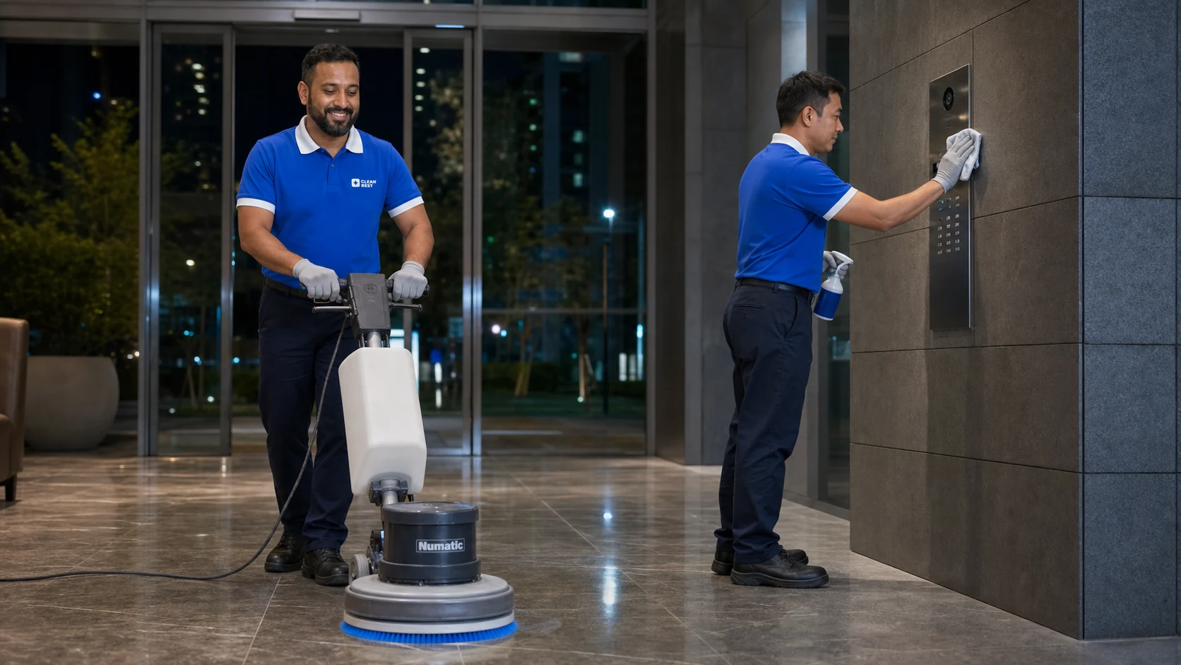 Clean Best operator cleaning the common-area lobby of a Sydney apartment building in NSW