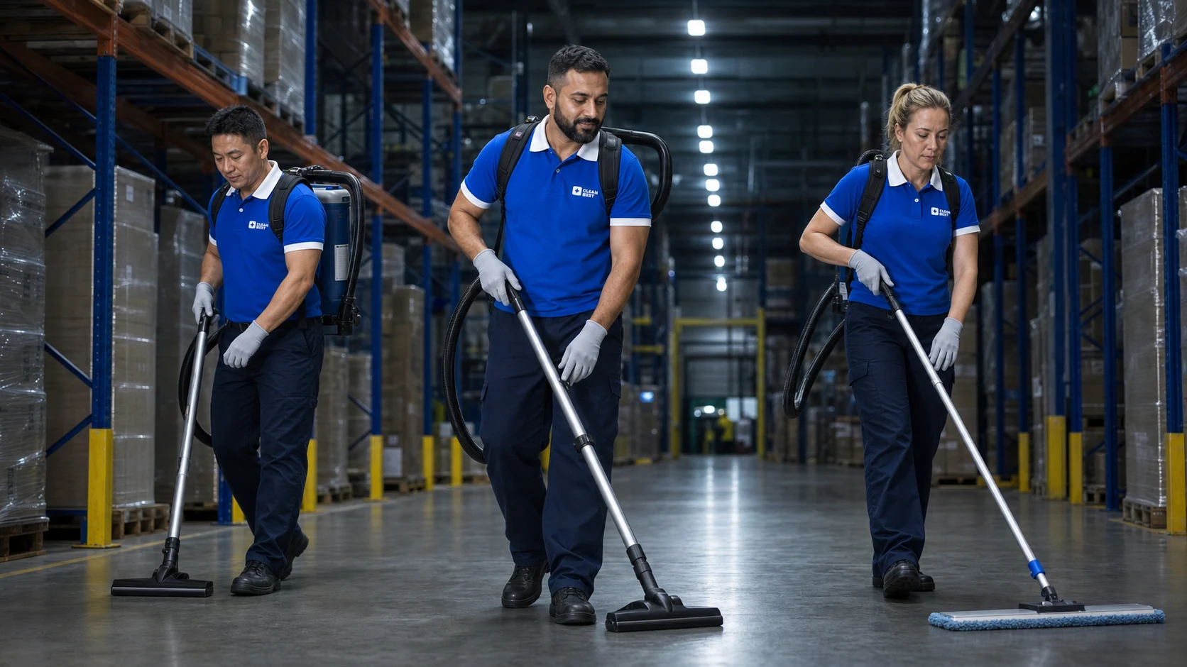 Clean Best operator running a ride-on scrubber through a Sydney distribution centre aisle in NSW